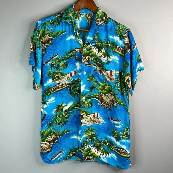 BANEE Vtg Camp Collar Shirt Blue Tropical Print Short Sleeve Rayon Hawaiian S - Picture 12 of 12